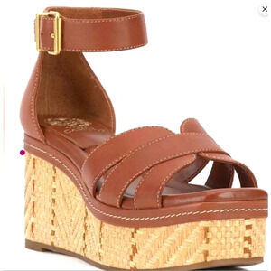 New Vince Camuto Linoah Wedge Sandal Womens 8 Brown Leather Espadrille Platform